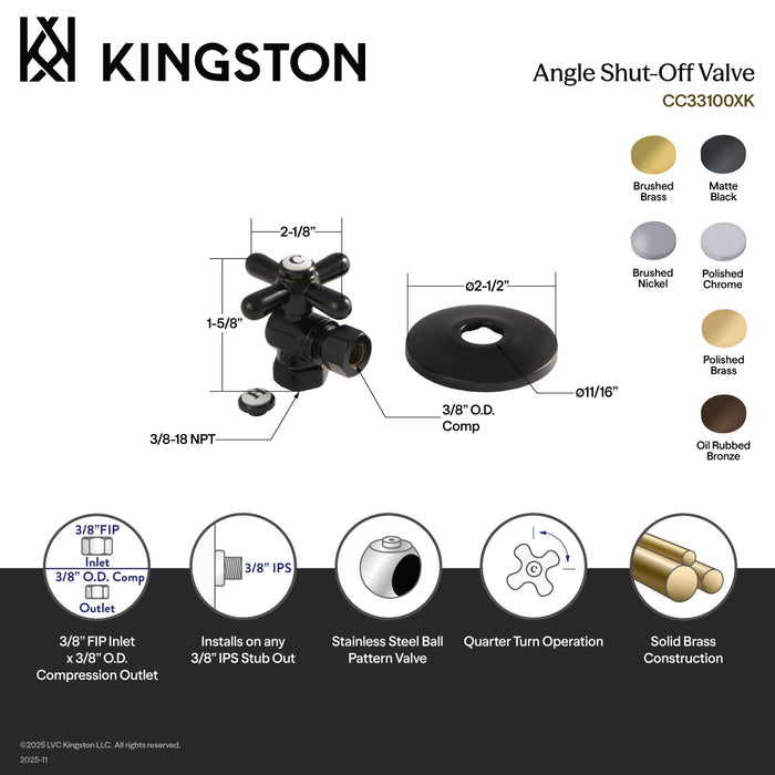 Kingston Heirloom CC33108XK - Vintage 3/8-Inch FIP x 3/8-Inch O.D. Comp Quarter-Turn Angle Shut-Off Valve with Flange, Brushed Nickel