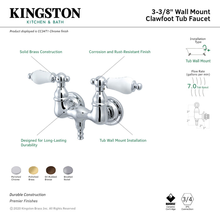 Kingston Heirloom CC33T2 - Vintage Two-Handle 2-Hole Tub Wall Mount Tub Faucet, Polished Brass