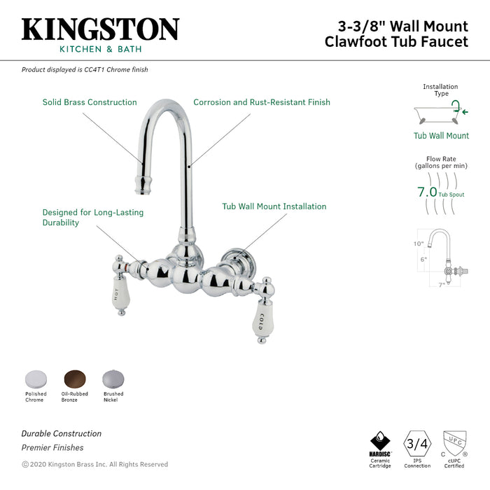 Kingston Heirloom CC3T8 - Vintage Two-Handle 2-Hole Tub Wall Mount Clawfoot Tub Faucet, Brushed Nickel