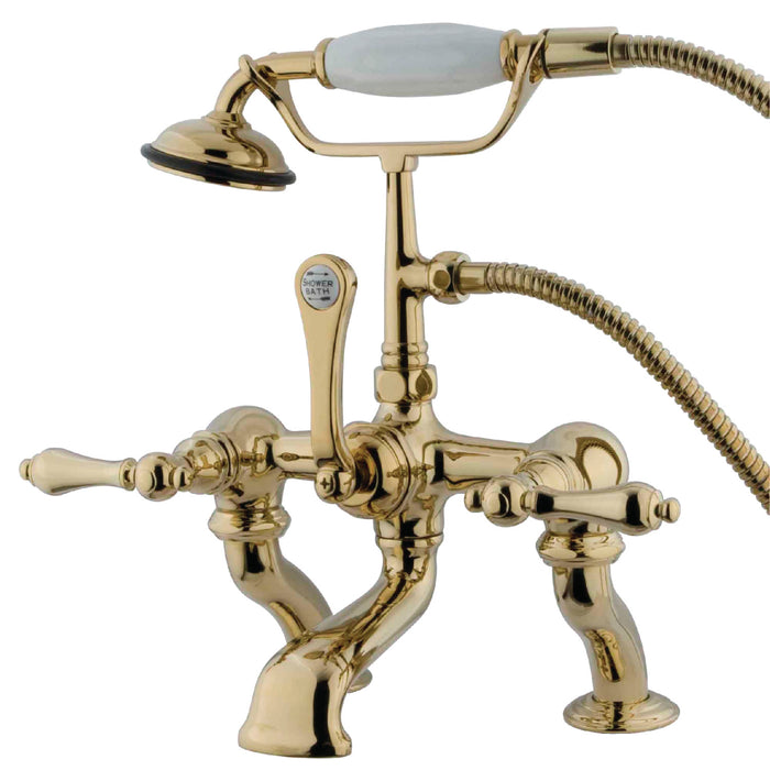 Kingston Heirloom CC409T2 - Vintage Three-Handle 2-Hole Deck-Mount Clawfoot Tub Faucet with Hand Shower, Polished Brass