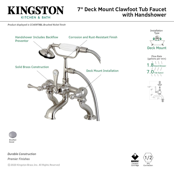 Kingston Heirloom CC409T8BL Three-Handle 2-Hole Deck-Mount Clawfoot Tub Faucet with Hand Shower, Brushed Nickel