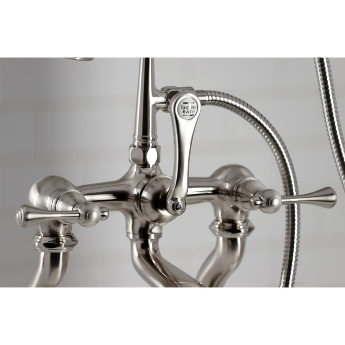 Kingston Heirloom CC409T8BL Three-Handle 2-Hole Deck-Mount Clawfoot Tub Faucet with Hand Shower, Brushed Nickel