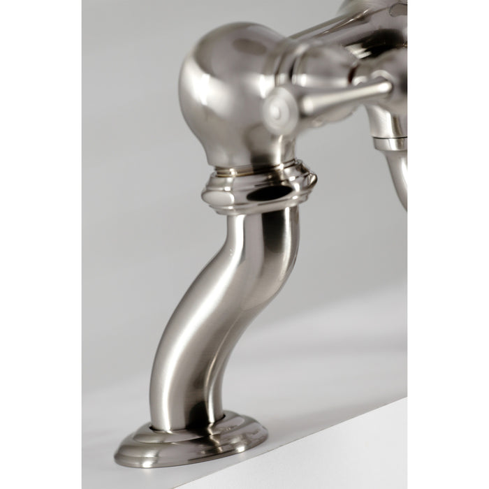 Kingston Heirloom CC409T8BL Three-Handle 2-Hole Deck-Mount Clawfoot Tub Faucet with Hand Shower, Brushed Nickel