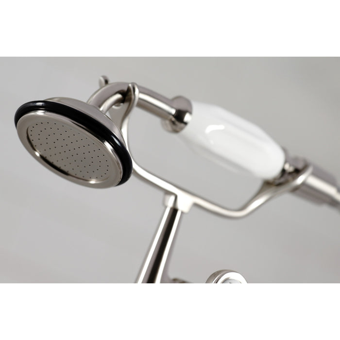 Kingston Heirloom CC409T8BL Three-Handle 2-Hole Deck-Mount Clawfoot Tub Faucet with Hand Shower, Brushed Nickel