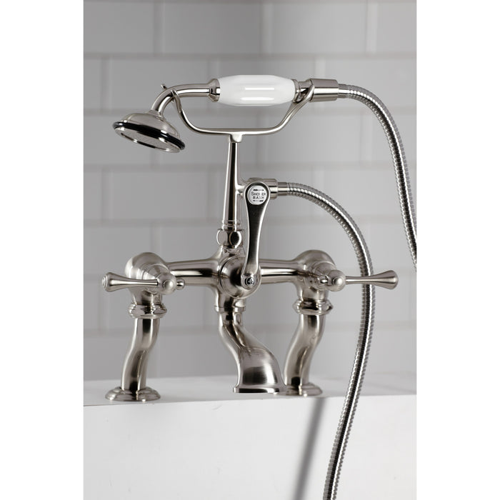 Kingston Heirloom CC409T8BL Three-Handle 2-Hole Deck-Mount Clawfoot Tub Faucet with Hand Shower, Brushed Nickel