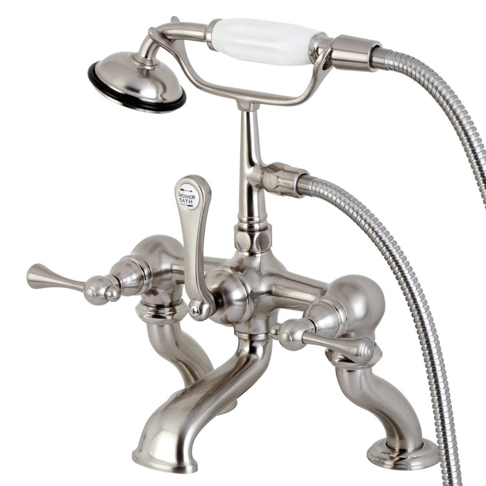 Kingston Heirloom CC409T8BL Three-Handle 2-Hole Deck-Mount Clawfoot Tub Faucet with Hand Shower, Brushed Nickel