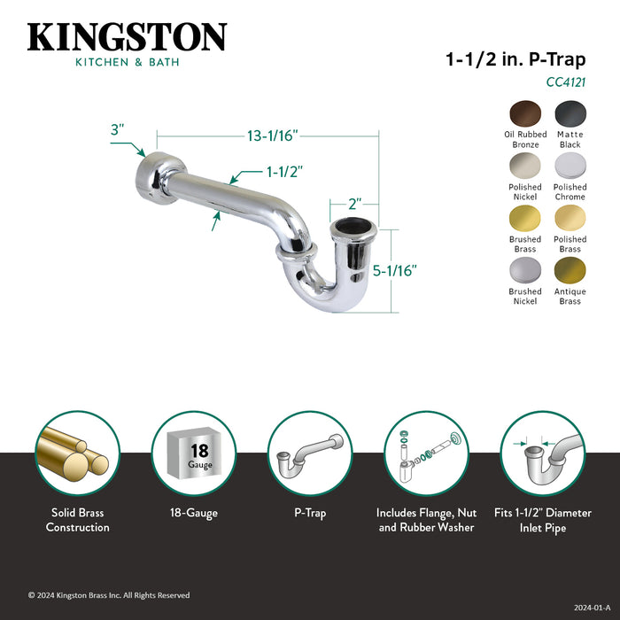 Kingston Trimscape CC4126 1-1/2 Inch Decor P-Trap with High Box Flange, 13-1/16 Inch Length, 18 Gauge, Polished Nickel