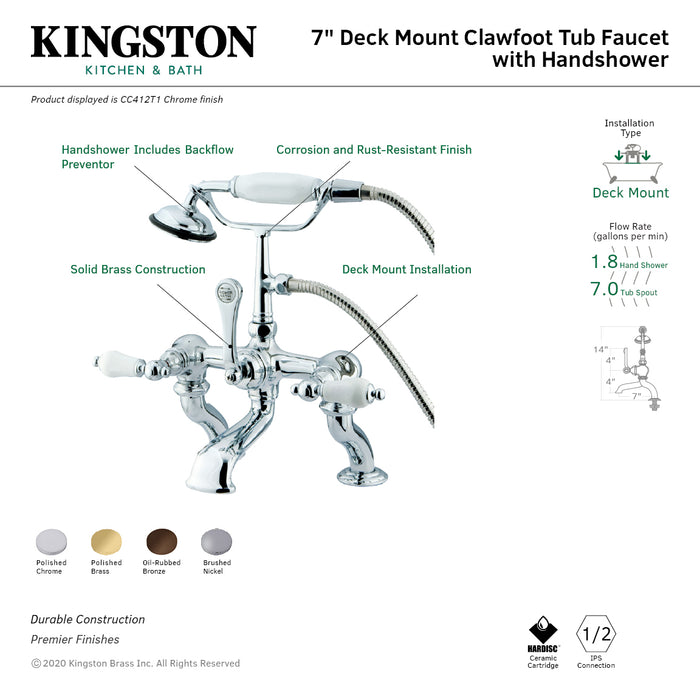 Kingston Heirloom CC412T1 - Vintage Three-Handle 2-Hole Deck-Mount Clawfoot Tub Faucet with Hand Shower, Polished Chrome