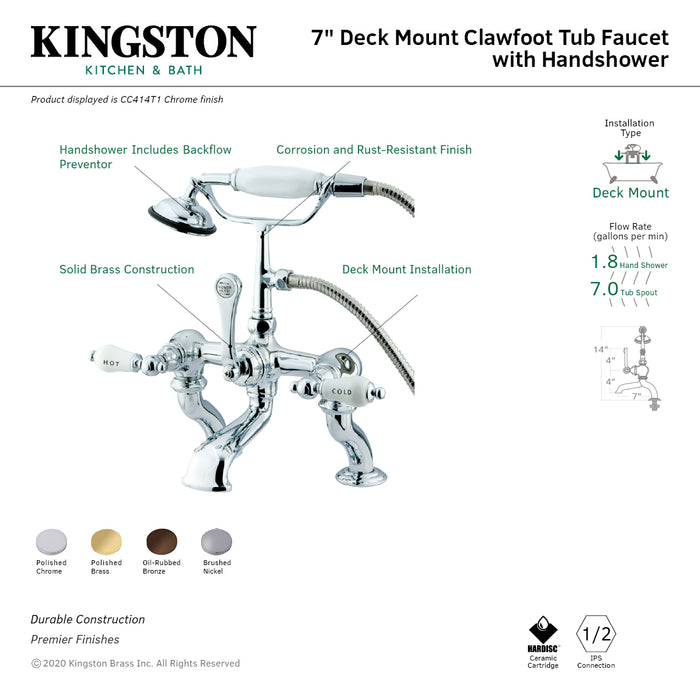 Kingston Heirloom CC413T2 - Vintage Three-Handle 2-Hole Deck-Mount Clawfoot Tub Faucet with Hand Shower, Polished Brass