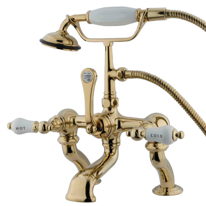 Kingston Heirloom CC413T2 - Vintage Three-Handle 2-Hole Deck-Mount Clawfoot Tub Faucet with Hand Shower, Polished Brass
