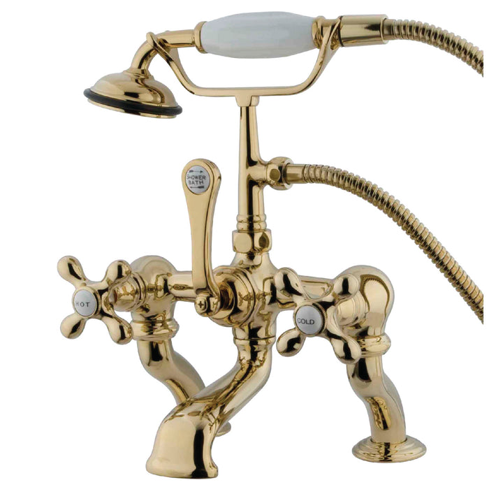 Kingston Heirloom CC415T2 - Vintage Three-Handle 2-Hole Deck-Mount Clawfoot Tub Faucet with Hand Shower, Polished Brass