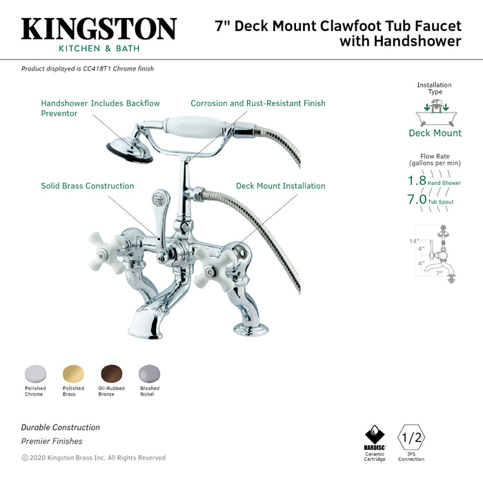 Kingston Heirloom CC417T2 - Vintage Three-Handle 2-Hole Deck-Mount Clawfoot Tub Faucet with Hand Shower, Polished Brass