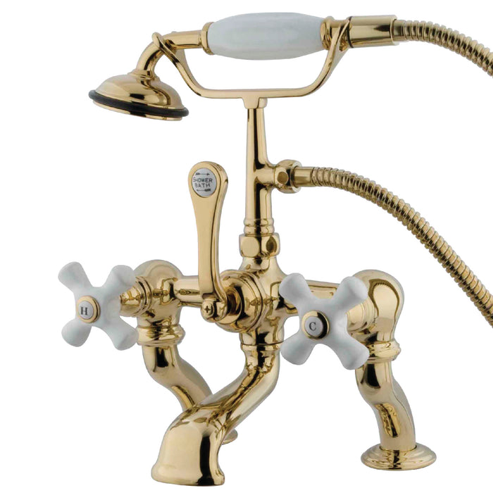 Kingston Heirloom CC417T2 - Vintage Three-Handle 2-Hole Deck-Mount Clawfoot Tub Faucet with Hand Shower, Polished Brass