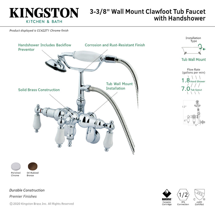 Kingston Heirloom CC422T1 - Vintage Three-Handle 2-Hole Tub Wall Mount Clawfoot Tub Faucet with Hand Shower, Polished Chrome