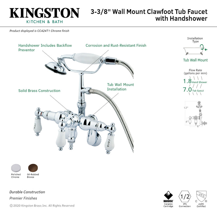 Kingston Heirloom CC424T1 - Vintage Three-Handle 2-Hole Tub Wall Mount Clawfoot Tub Faucet with Hand Shower, Polished Chrome