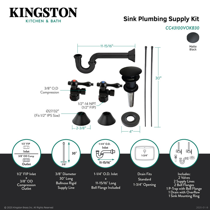 Kingston Heirloom CC43100VOKB30 - Trimscape Traditional Plumbing Sink Trim Kit with P-Trap and Overflow Drain, Matte Black