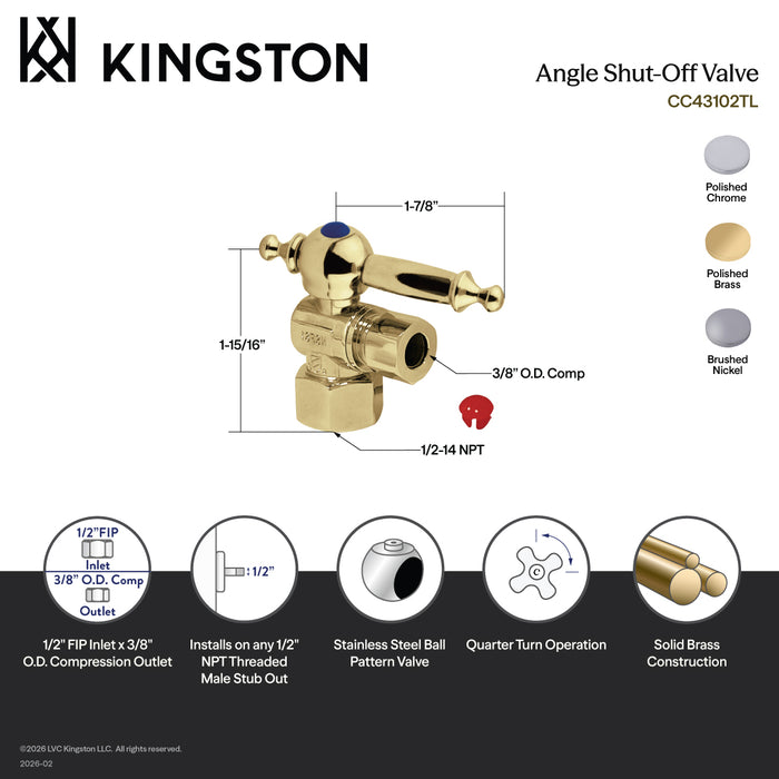 Kingston Tulare CC43101TL - Vintage 1/2-Inch FIP x 3/8-Inch O.D. Comp Quarter-Turn Angle Shut-Off Valve, Polished Chrome