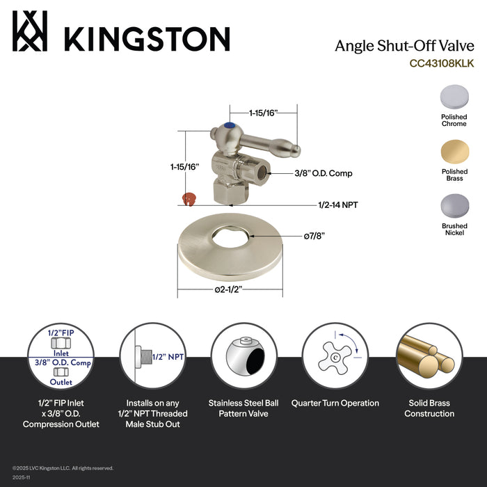 Kingston Tulare CC43102KLK 1/2-Inch FIP x 3/8-Inch O.D. Comp Quarter-Turn Angle Shut-Off Valve with Flange, Polished Brass
