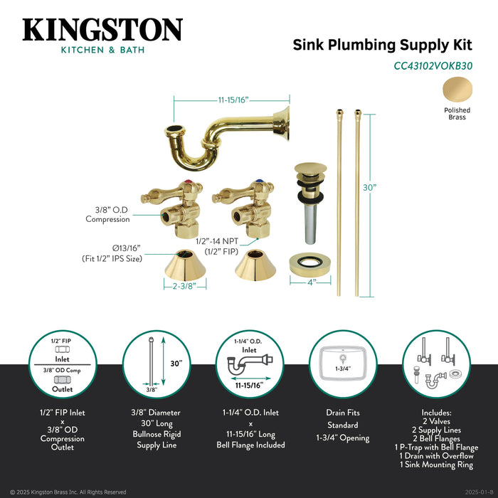 Trimscape CC43102VOKB30 Traditional Plumbing Sink Trim Kit with P-Trap and Overflow Drain, Polished Brass