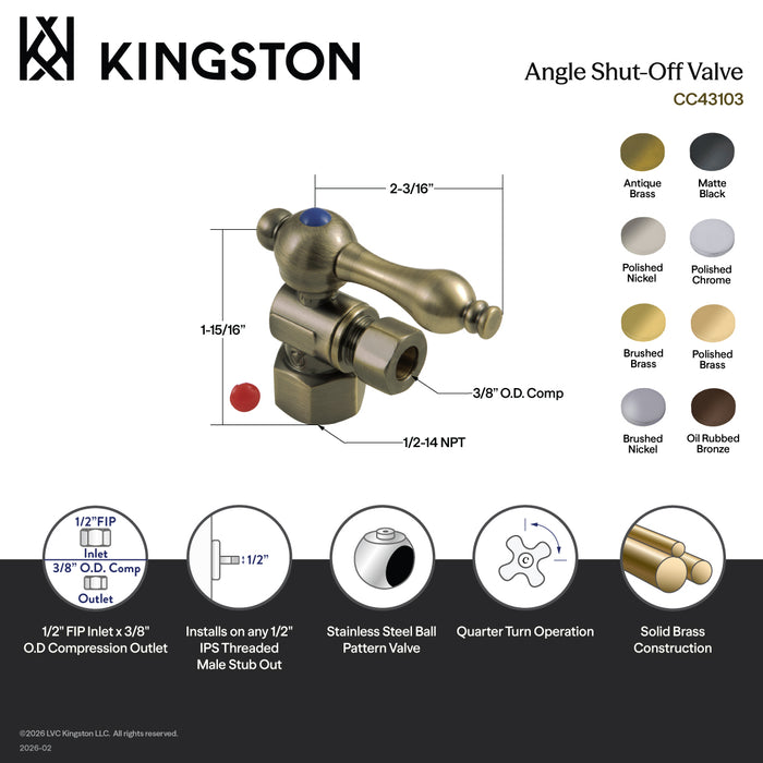Kingston Heirloom CC43103 - Vintage 1/2-Inch FIP x 3/8-Inch O.D. Comp Quarter-Turn Angle Shut-Off Valve, Antique Brass