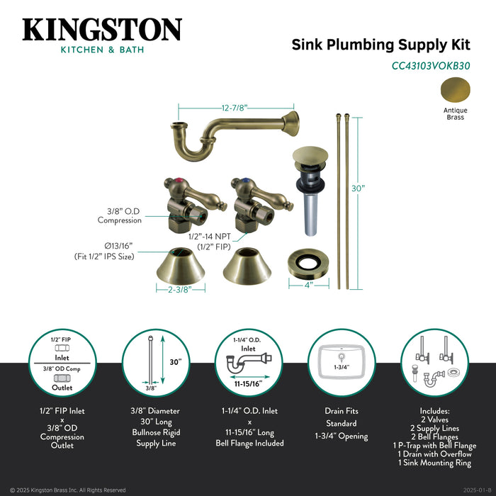 Kingston Heirloom CC43103VOKB30 - Trimscape Traditional Plumbing Sink Trim Kit with P-Trap and Overflow Drain, Antique Brass