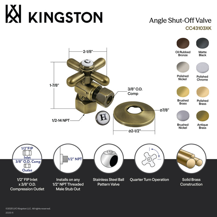 Kingston Heirloom CC43103XK - Vintage 1/2-Inch FIP x 3/8-Inch O.D. Comp Quarter-Turn Angle Shut-Off Valve with Flange, Antique Brass