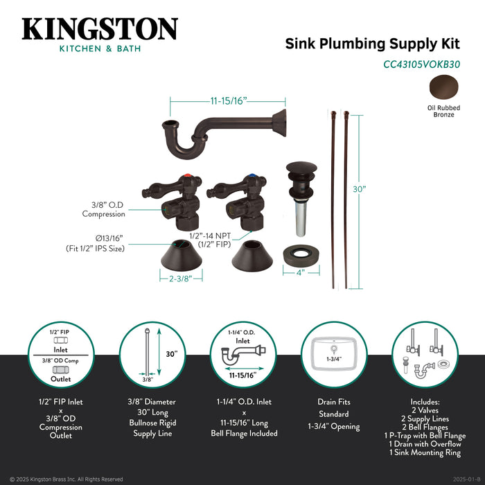 Kingston Heirloom CC43105VOKB30 - Trimscape Traditional Plumbing Sink Trim Kit with P-Trap and Overflow Drain, Oil Rubbed Bronze