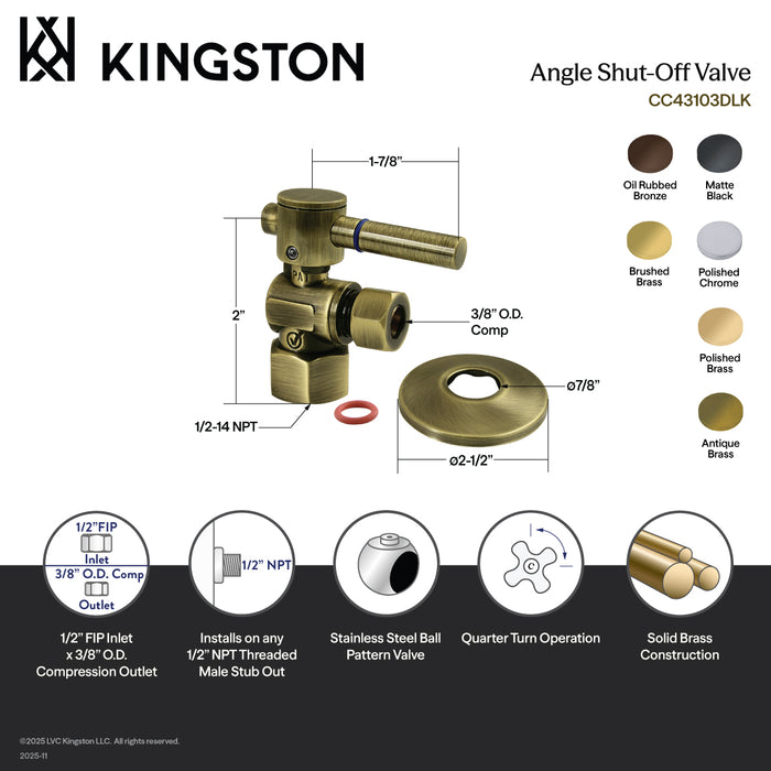 Kingston Sona CC43106DLK - Concord 1/2-Inch FIP x 3/8-Inch O.D. Comp Quarter-Turn Angle Shut-Off Valve with Flange, Polished Nickel