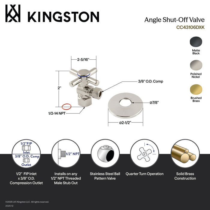 Kingston Sona CC43106DXK - Concord 1/2-Inch FIP x 3/8-Inch O.D. Comp Quarter-Turn Angle Shut-Off Valve with Flange, Polished Nickel