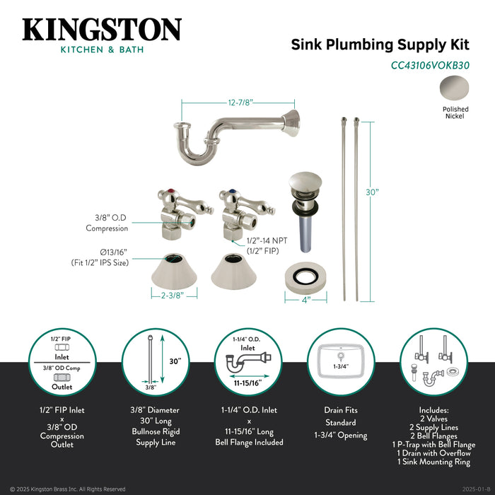 Kingston Heirloom CC43106VOKB30 - Trimscape Traditional Plumbing Sink Trim Kit with P-Trap and Overflow Drain, Polished Nickel