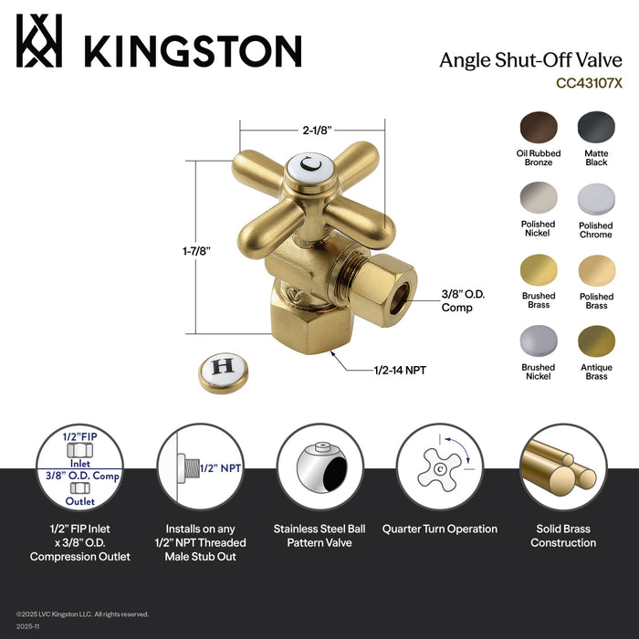 Kingston Heirloom CC43106X - Vintage 1/2-Inch FIP x 3/8-Inch O.D. Comp Quarter-Turn Angle Shut-Off Valve, Polished Nickel