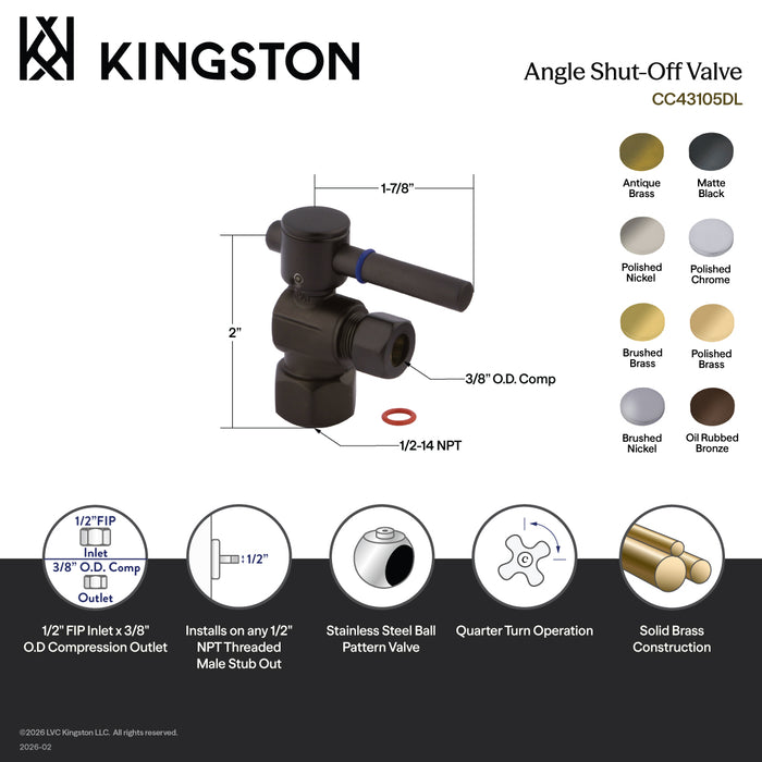Kingston Sona CC43107DL - Concord 1/2-Inch FIP x 3/8-Inch O.D. Comp Quarter-Turn Angle Shut-Off Valve, Brushed Brass