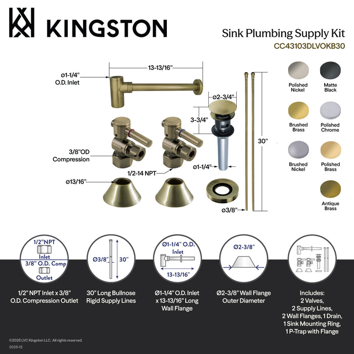 Trimscape CC43107DLVOKB30 Modern Plumbing Sink Trim Kit with Bottle Trap and Overflow Drain, Brushed Brass