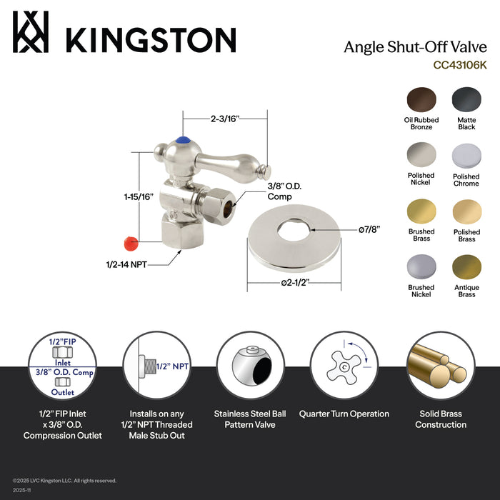 Kingston Heirloom CC43108K - Vintage 1/2-Inch FIP x 3/8-Inch O.D. Comp Quarter-Turn Angle Shut-Off Valve with Flange, Brushed Nickel