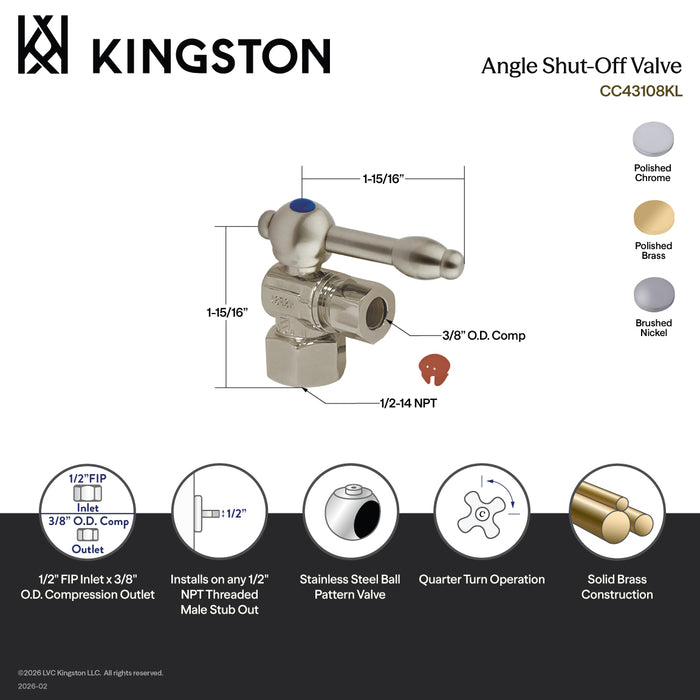 Kingston Tulare CC43108KL - Vintage 1/2-Inch FIP x 3/8-Inch O.D. Comp Quarter-Turn Angle Shut-Off Valve, Brushed Nickel