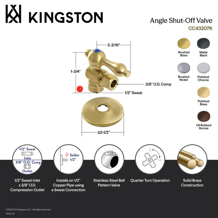 Kingston Heirloom CC43200K - Victorian 1/2-Inch Sweat x 3/8-Inch O.D. Comp Quarter-Turn Angle Shut-Off Valve with Flange, Matte Black