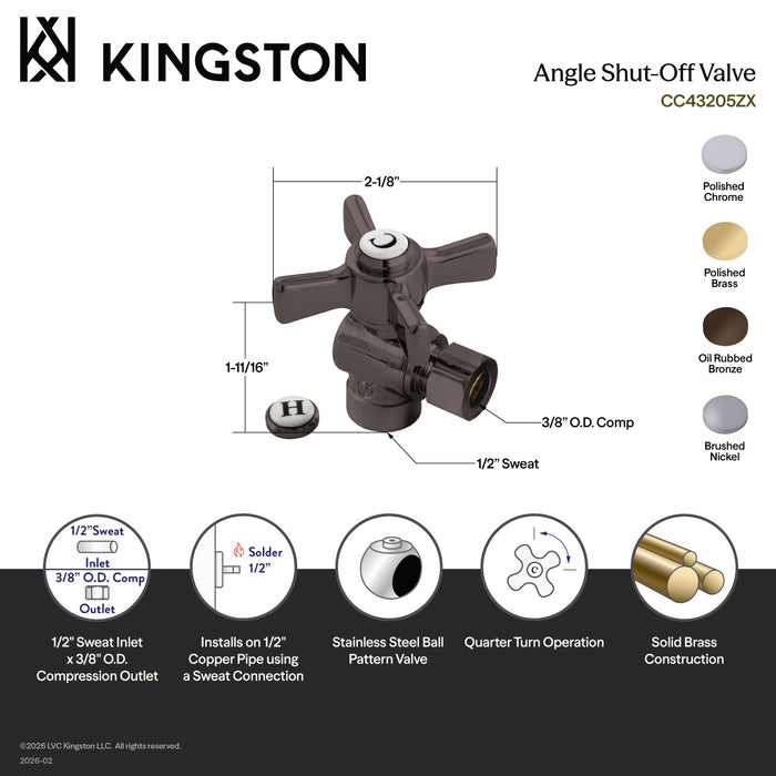 Kingston Tulare CC43202ZX - Millennium 1/2-Inch Sweat x 3/8-Inch O.D. Comp Angle Shut-Off Valve, Polished Brass