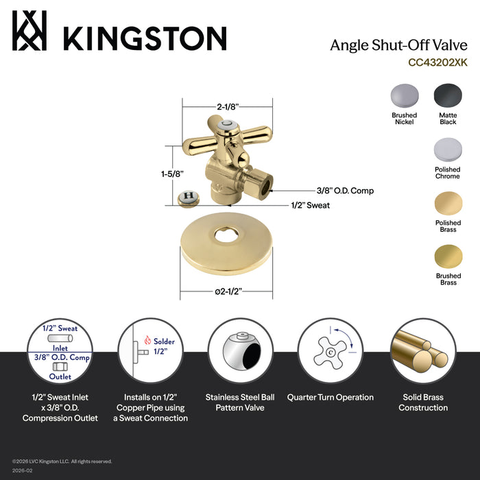 Kingston Heirloom CC43207XK - Vintage 1/2-Inch Sweat x 3/8-Inch O.D. Comp Quarter-Turn Angle Shut-Off Valve with Flange, Brushed Brass