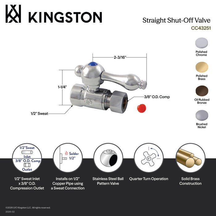 Kingston Heirloom CC43255 - Vintage 1/2-Inch Sweat x 3/8-Inch O.D. Comp Straight Shut-Off Valve, Oil Rubbed Bronze