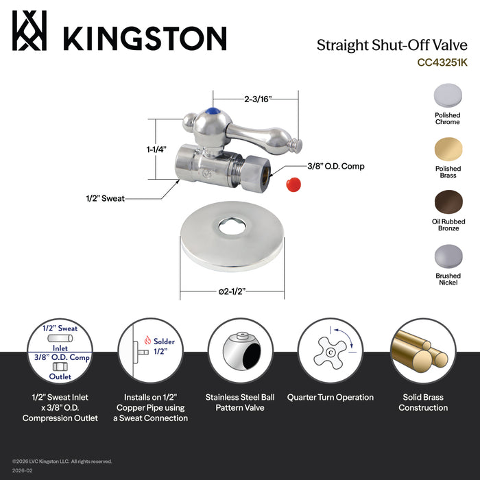 Kingston Heirloom CC43258K 1/2-Inch Sweat x 3/8-Inch O.D. Comp Quarter-Turn Straight Shut-Off Valve with Flange, Brushed Nickel