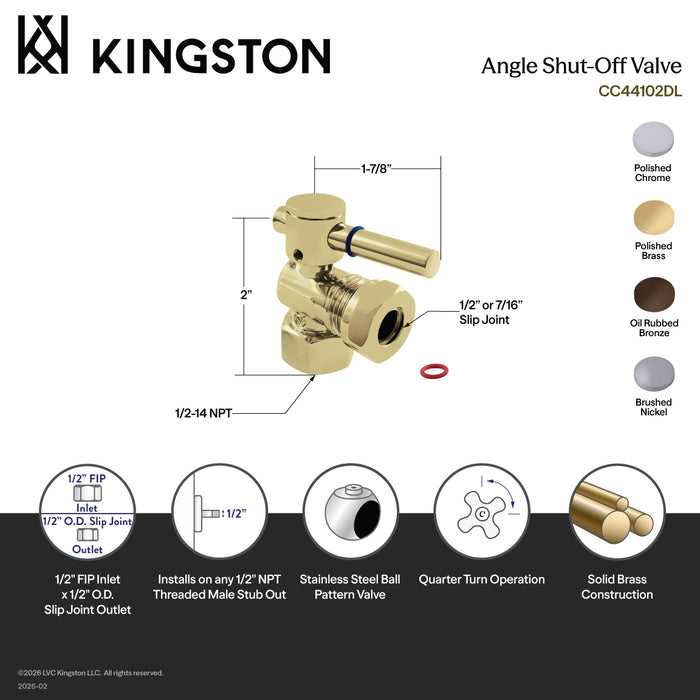 Kingston Sona CC44101DL - Concord 1/2-Inch FIP x 1/2-Inch or 7/16-Inch Slip Joint Quarter-Turn Angle Shut-Off Valve, Polished Chrome