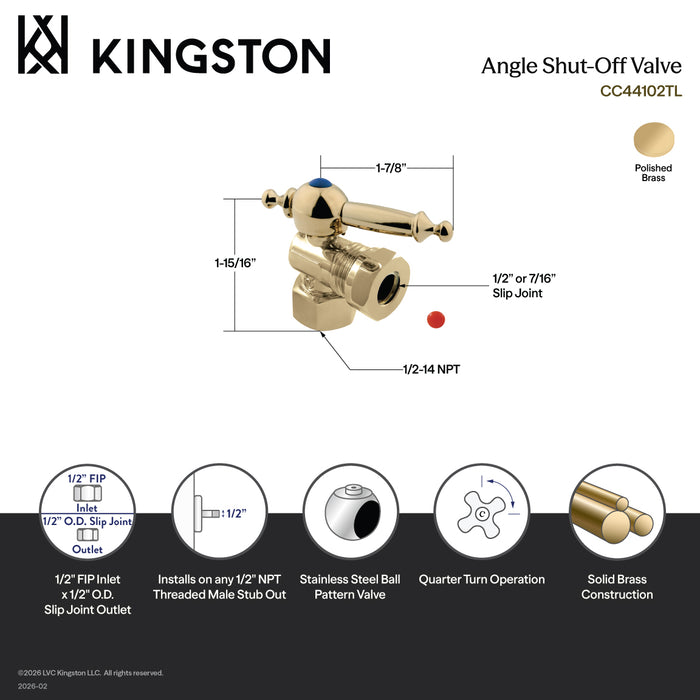 Kingston Tulare CC44102TL - Vintage 1/2-Inch FIP x 1/2-Inch or 7/16-Inch Slip Joint Quarter-Turn Angle Shut-Off Valve, Polished Brass