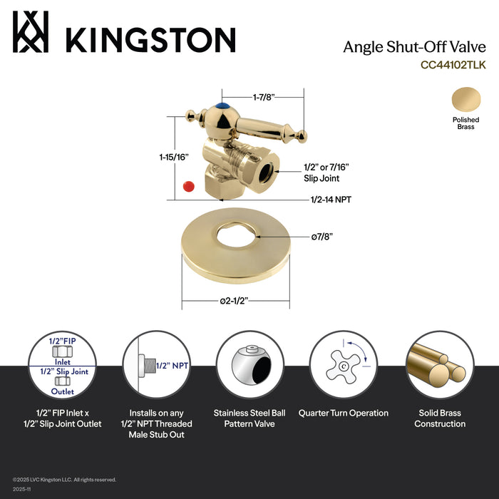 Kingston Tulare CC44102TLK 1/2-Inch FIP x 1/2-Inch or 7/16-Inch Slip Joint Quarter-Turn Angle Shut-Off Valve with Flange, Polished Brass