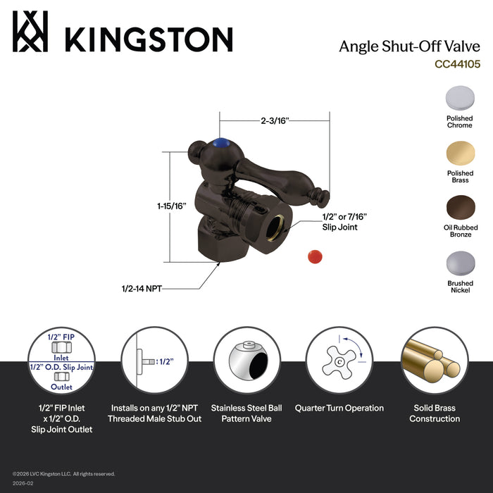 Kingston Heirloom CC44108 - Vintage 1/2-Inch FIP x 1/2-Inch or 7/16-Inch Slip Joint Quarter-Turn Angle Shut-Off Valve, Brushed Nickel