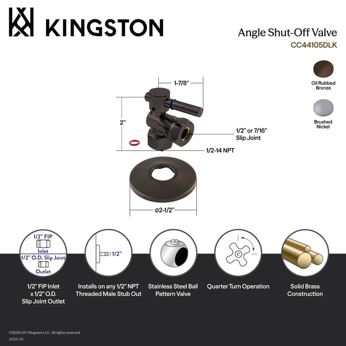 Kingston Sona CC44108DLK 1/2-Inch FIP x 1/2-Inch or 7/16-Inch Slip Joint Quarter-Turn Angle Shut-Off Valve with Flange, Brushed Nickel