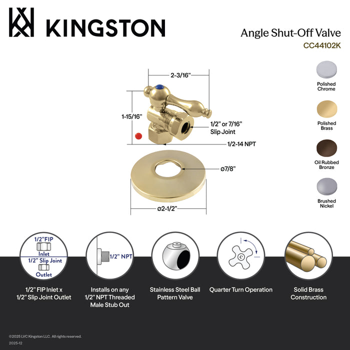 Kingston Heirloom CC44108K1/2-Inch FIP x 1/2-Inch or 7/16-Inch Slip Joint Quarter-Turn Angle Shut-Off Valve with Flange, Brushed Nickel