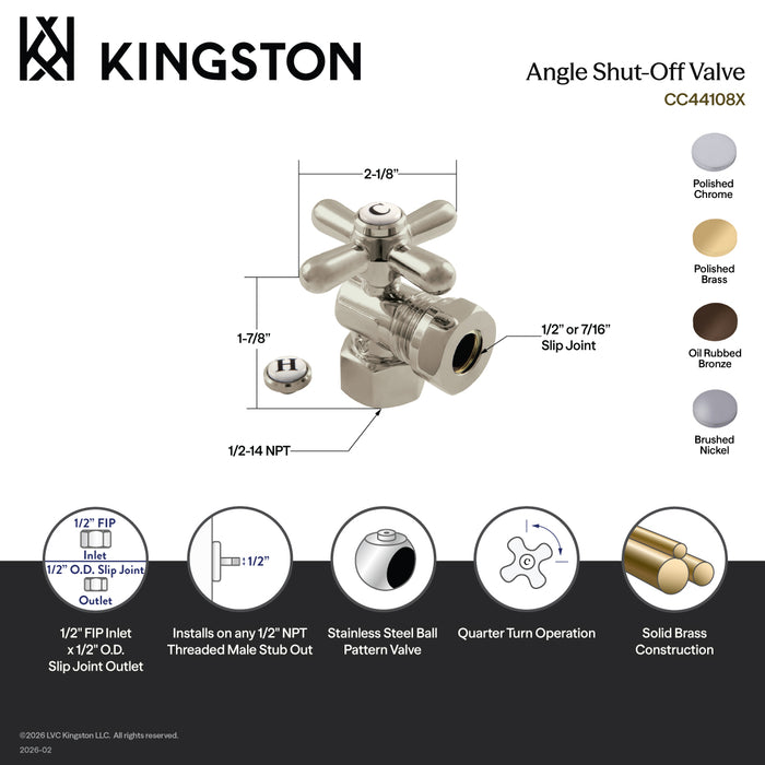 Kingston Heirloom CC44108X - Vintage 1/2-Inch FIP x 1/2-Inch or 7/16-Inch Slip Joint Quarter-Turn Angle Shut-Off Valve, Brushed Nickel