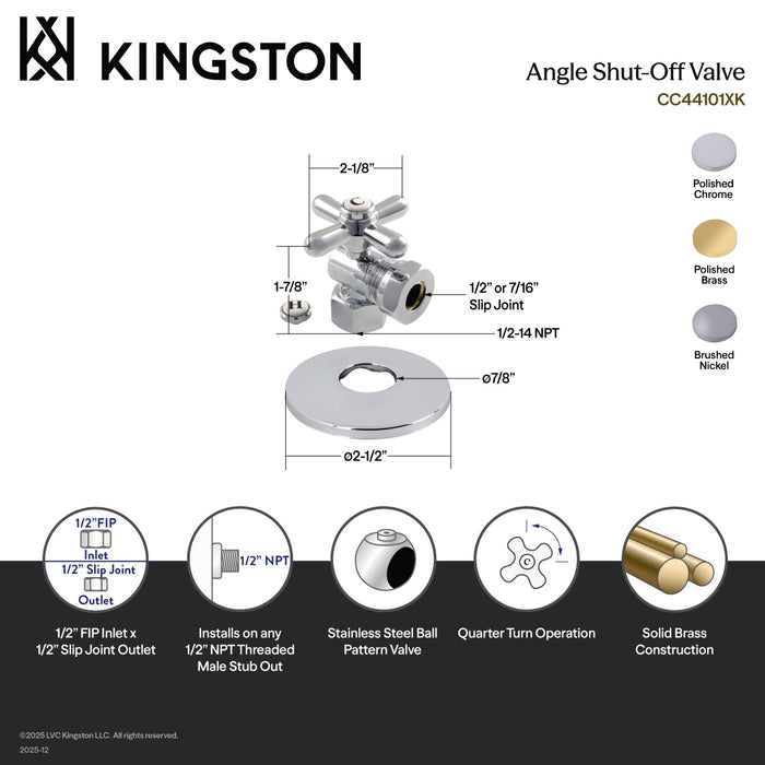 Kingston Heirloom CC44108XK 1/2-Inch FIP x 1/2-Inch or 7/16-Inch Slip Joint Quarter-Turn Angle Shut-Off Valve with Flange, Brushed Nickel