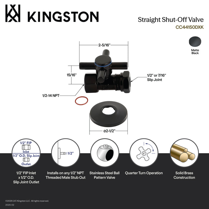 Kingston Sona CC44150DXK 1/2-Inch FIP x 1/2-Inch or 7/16-Inch Slip Joint Quarter-Turn Straight Shut-Off Valve with Flange, Matte Black