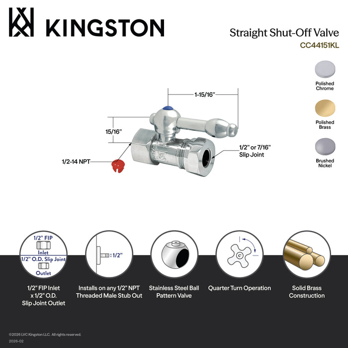 Kingston Tulare CC44151KL - Vintage 1/2-Inch FIP x 1/2-Inch or 7/16-Inch Slip Joint Quarter-Turn Straight Shut-Off Valve, Polished Chrome